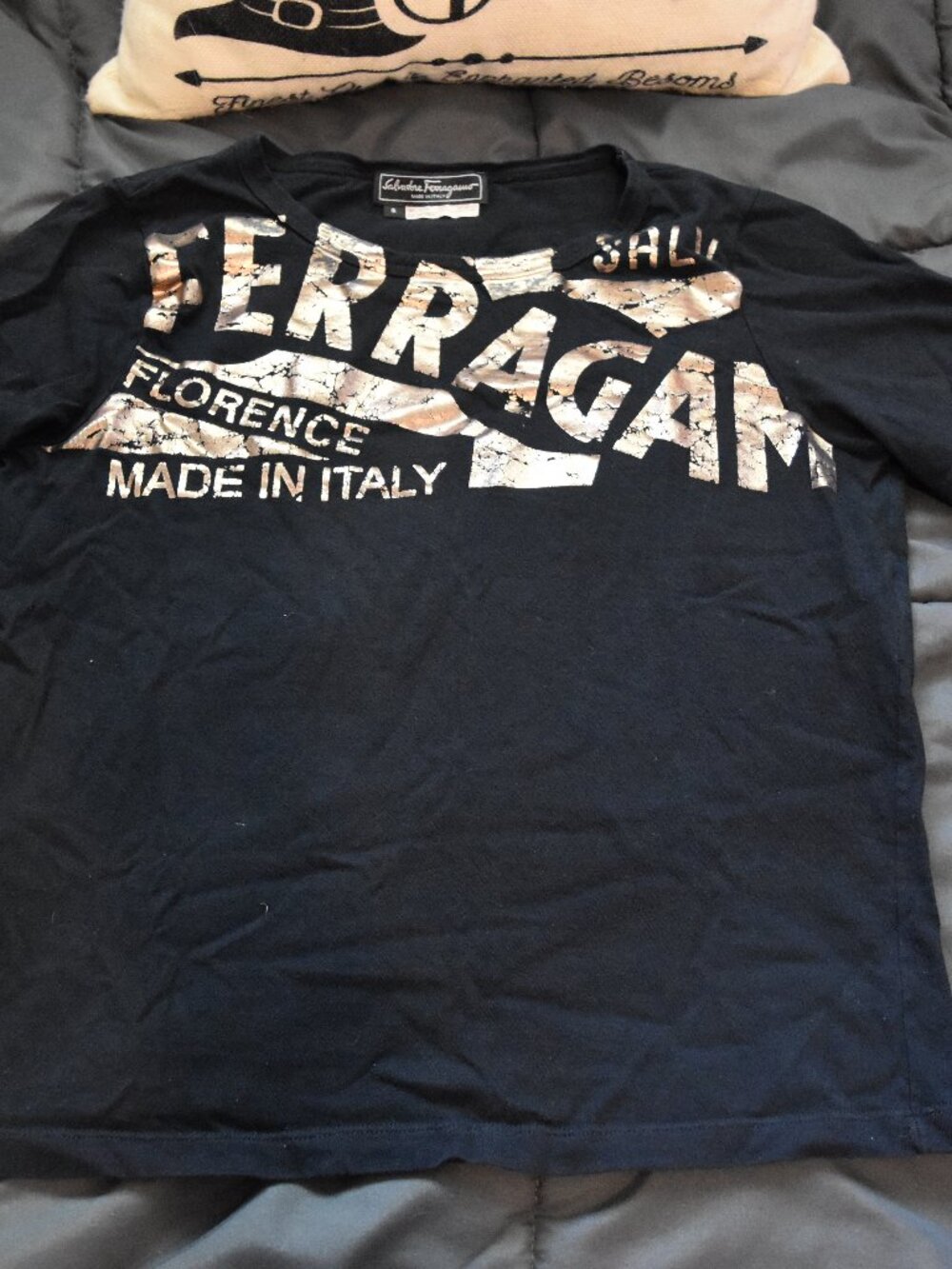 Salvatore Ferragamo Black Tee with Metallic Bronze Graphic